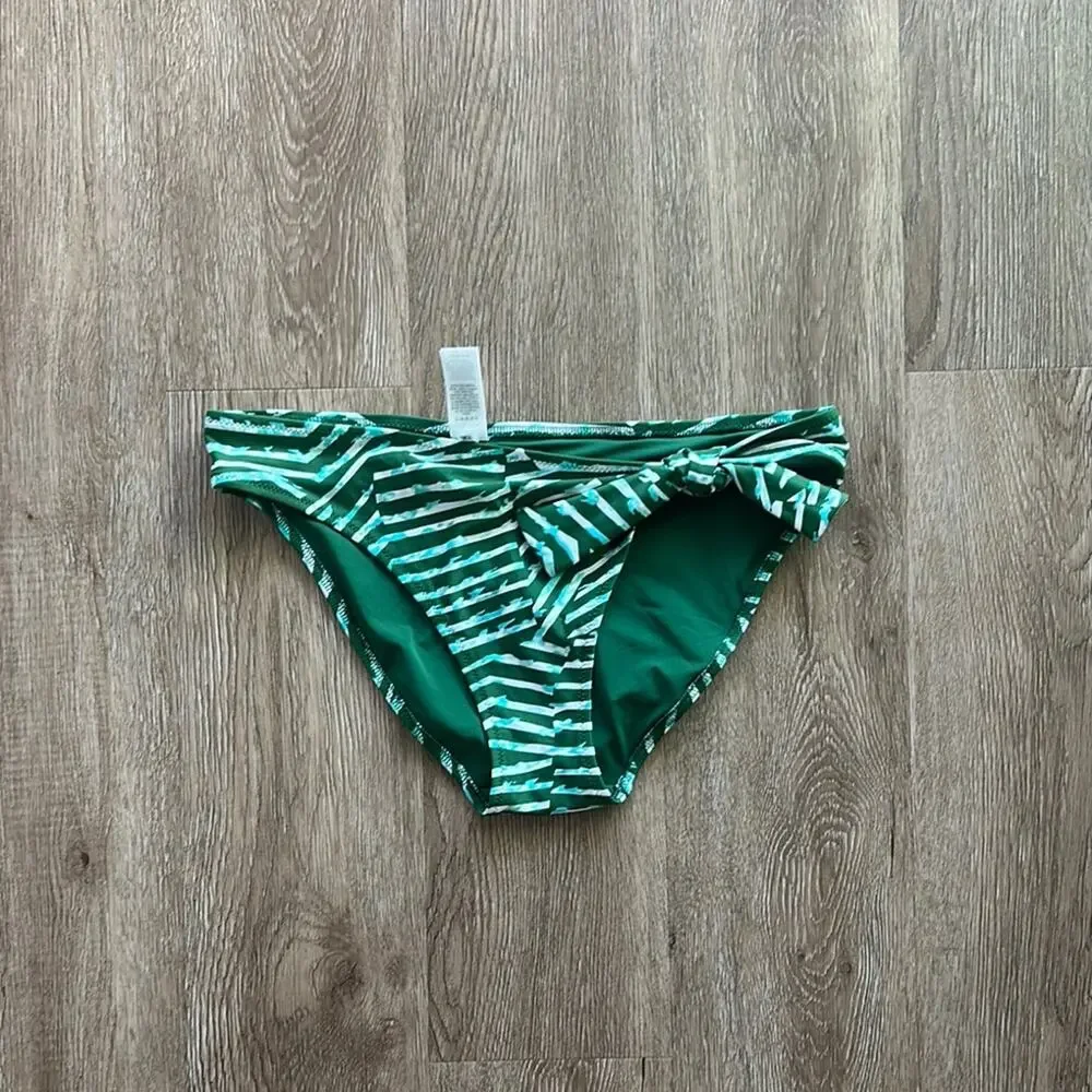 Aerie Green Striped‎ Low Rise Bikini Bottom Medium Bow Detail Full Coverage